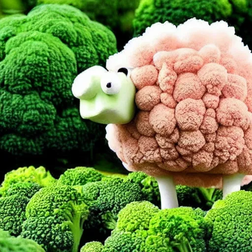 Image similar to the fusion between a broccoli and a sheep, broccoli sheep, sheep that looks like broccoli