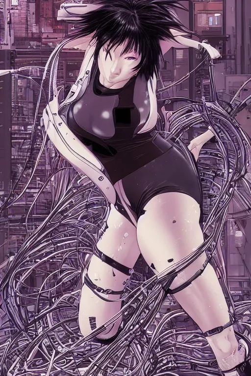 Image similar to hyper coherent motoko kusanagi kneeling on a white in style of masamune shirow, empty floor, with a mess of wires and cables coming out of her head and backside, by Yukito Kishiro and katsuhiro otomo, illustration, cyberpunk, hyper-detailed, colorful, complex, intricate, masterpiece, epic