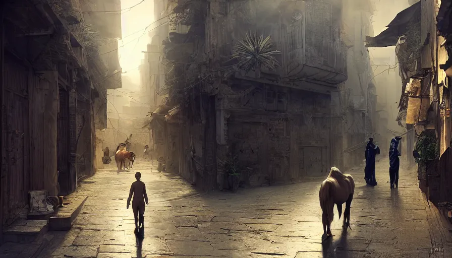 Image similar to old jeddah city alley, roshan, shops, horse, magical glowing time portal, a nomad wearing a worn out coat, plants, kids, dramatic lighting sci fi, by caspar david friedrich by beeple and james gilleard and justin gerard, centered, artstation, smooth, sharp focus, photoreal octane render, 3 d, by jean baptiste monge