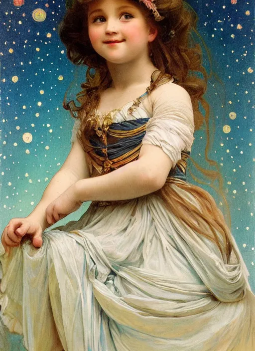 Prompt: a cute little girl with a round cherubic face, blue eyes, and short wavy light brown hair smiles as she floats in space with stars all around her. she is wearing a turquoise dress. beautiful painting with highly detailed face by alphonse mucha and artgerm and greg rutkowski