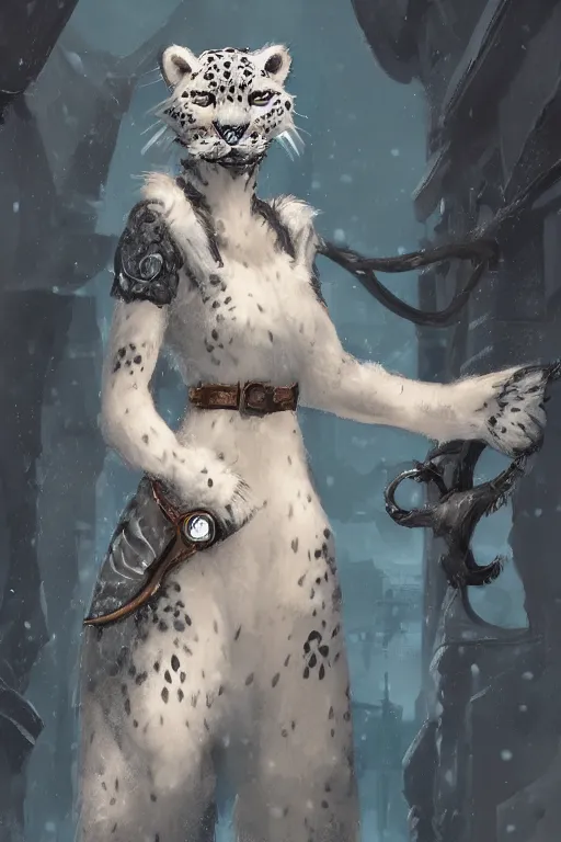 Image similar to anthropomorphic medieval snow leopard, trending on artstation, trending on furaffinity, digital art, by kawacy, anime, furry art, warm light, backlighting, cartoon, concept art, cyberpunk