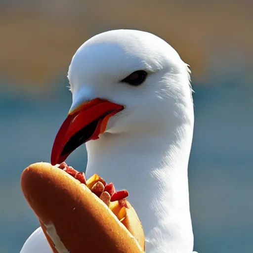 Image similar to seagull with hot dog hanging out of beak.