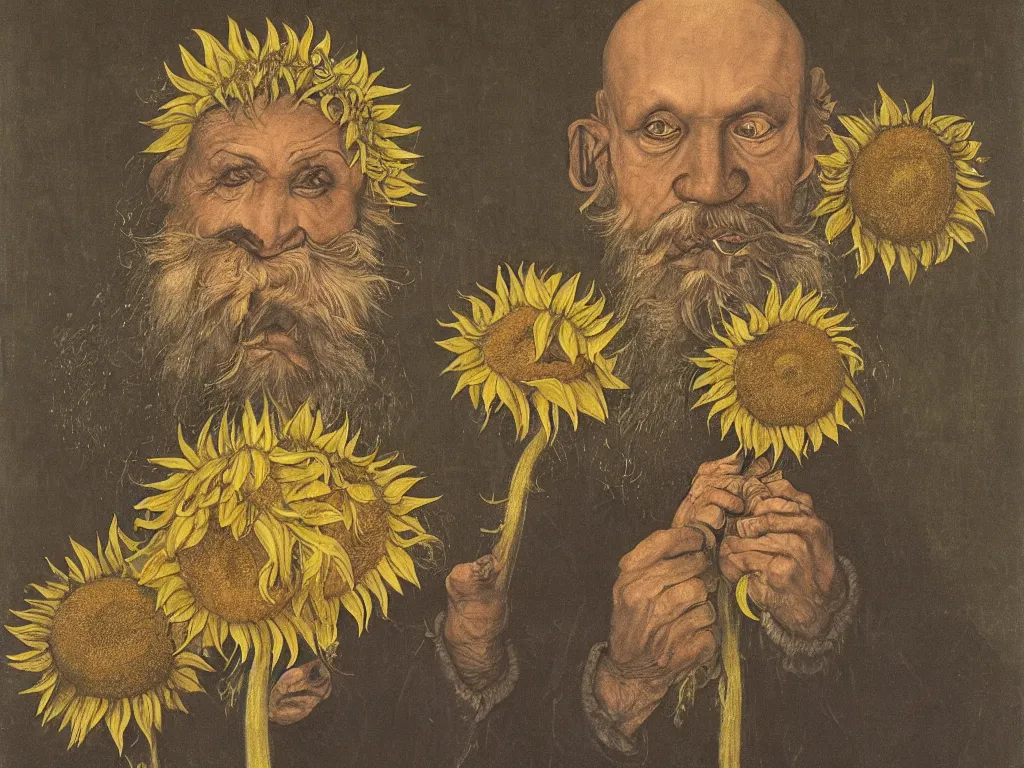 Image similar to Old long bearded man with sunflower in a dark room. Painting by Lucas Cranach, Roger Ballen