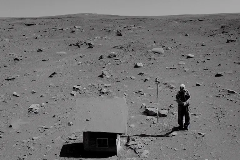 Image similar to an old rickety Soviet village house stands alone on Mars next to which a local resident stands and waves his hand, colourful