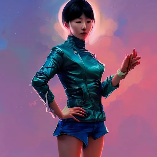 Image similar to Full body of Korean female wearing futuristic short teal leather jacket and 1980s shorts, expressive pose, intricate, elegant, highly detailed, digital painting, artstation, concept art, smooth, sharp focus, illustration, art by artgerm and greg rutkowski and alphonse mucha