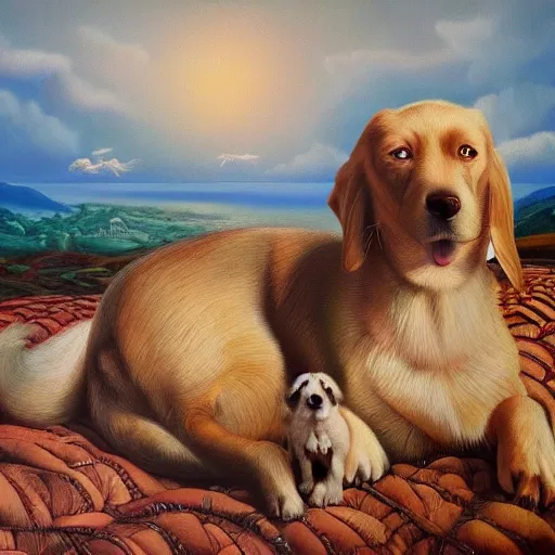 Prompt: dog dreams, surrealism, oil on canvas, high detail, masterpiece