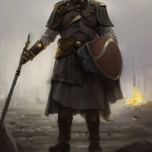 Image similar to Medium shot young idealistic and pious homely male Imperial soldier wearing a black tabard with light yellow accents over a brown gambeson and a {realistic steel helm!!!!!}, by Raymond Swanland Greg Rutkowski Lise Deharm, {perfect face}, {perfect eyes}, {uncertain look}, {on edge}