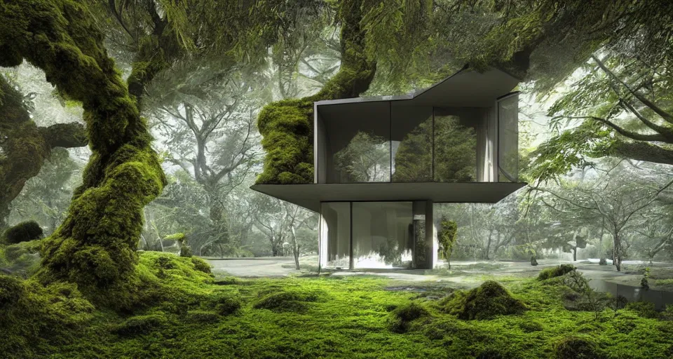 Prompt: a beautiful architecture concept art of modern home connected with nature and overgrown moss, art by ando tadao, vibrant, architecture, sci - fi, detailed