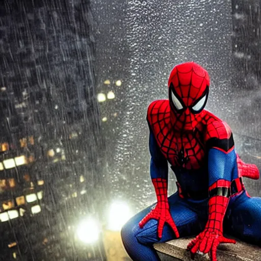 Prompt: spider - man perched next to batman on top of a building with rain pouring down