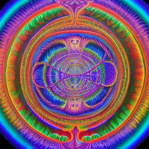 Image similar to realistic detailed image of the human consciousness contained in a vessel that is a vast holographic universal mind by Alex Grey, Terence McKenna, and Adam Jones, Psychedelic, sacred geometry, rich deep colors. Alex Grey Painting, part by Cameron Grey. masterpeice