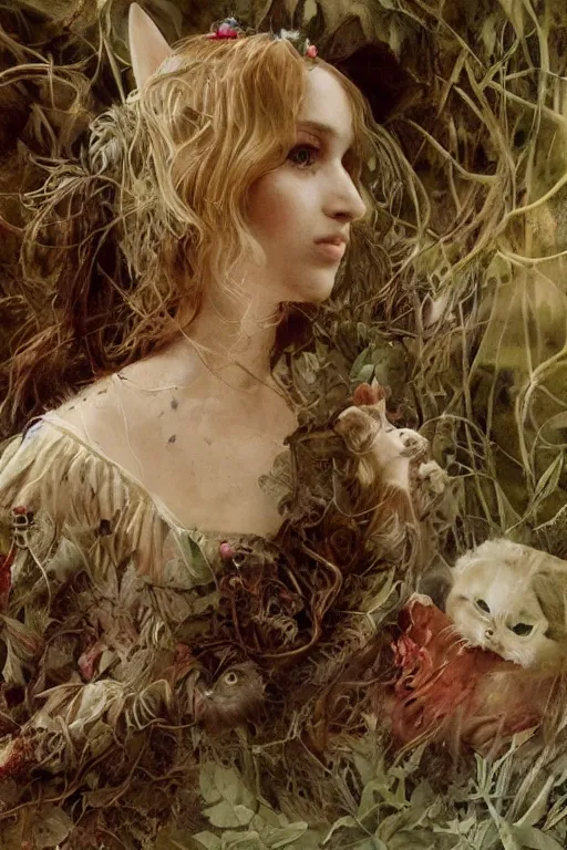 Prompt: An extremely beautiful pre-raphaelite portrait of a cute witch and her cat, surreal, ultradetailed, intricate, elegant, detailed, digital painting, artstation, concept art, smooth, sharp focus, illustration, regal, award winning picture, extremely detailed masterpiece, sense of awe, featured on artstation, Artgerm, effervescent punk kawaii-noir pastel bubbles, winning award piece, ethereal rainbows, Aetherpunk, Exquisite details