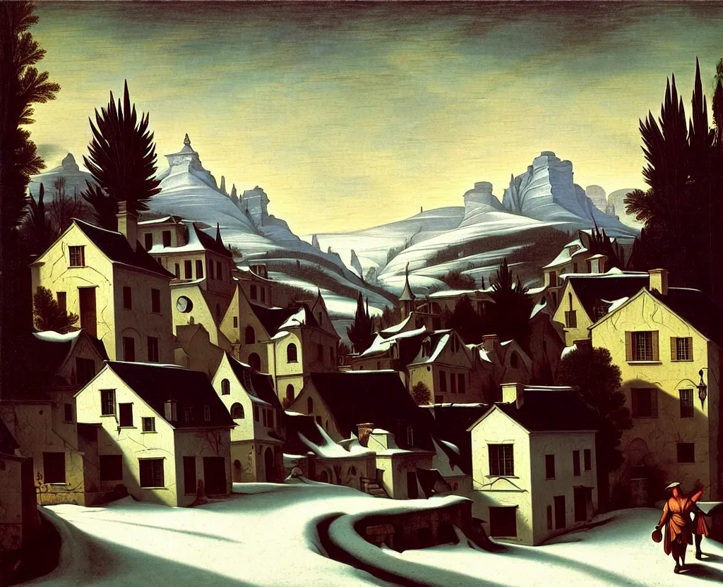 Prompt: in the style of gerald brom, caravaggio, asher brown durand, beautiful small town, houses and buildings, 1 8 0 0 s, cobblestone roads, mid day, winter, mountains in the distance