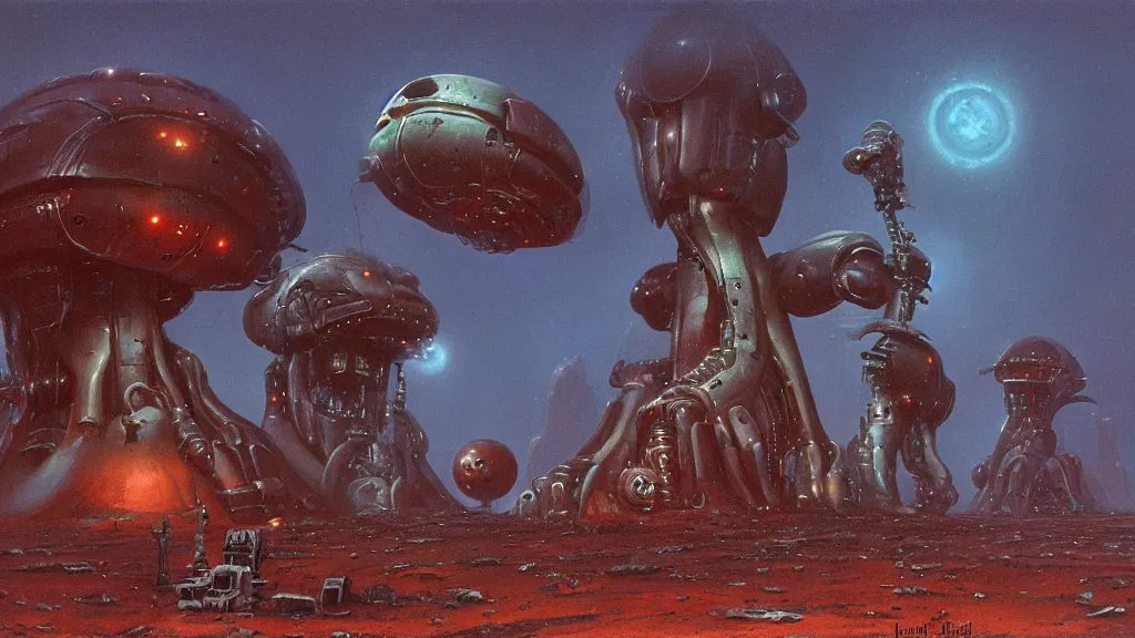 Image similar to mysterious whimsical sculpture of alien technology by paul lehr and john schoenherr and john harris, cinematic matte painting