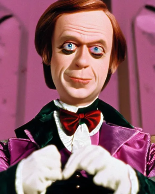 Prompt: film still close - up shot of steve buscemi as willy wonka from the movie willy wonka & the chocolate factory. photographic, photography