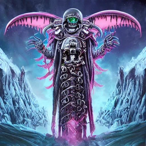 Image similar to lich king as a xenomorph, vaporwave, intricate detail, the gorillaz album art