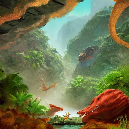 Image similar to Canyon in the jungle with corals and dinosaur dkeletons, 8k, detailed, concept art, trending on artstation