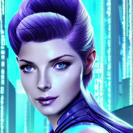 Prompt: A combination of Grace Kelly's and Katheryn Winnick's and Ashley Greene's faces with blue skin and short violet hair as Cortana from Halo, cyberpunk style, synthwave aesthetic, fantasy, intricate, elegant, highly detailed, digital painting, artstation, concept art, matte, sharp focus, illustration, half body portrait, anime style, blue tint, art by Artgerm and Greg Rutkowski and Alphonse Mucha