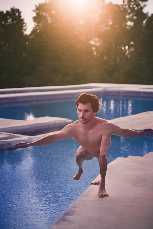 Prompt: mid distance photo of seth dusky standing on the diving board, 3 5 mm, highly detailed, color photo, cinematic lighting