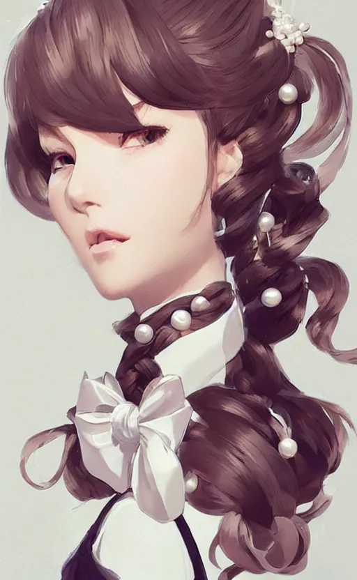 Image similar to beautiful picture of just a hairstyle with a few pearls, tied with a white bow, pinterest hair picture, back of the hair, hair is the focus, In style of Yoji Shinkawa, krenz cushart, Greg Rutkowski, highly detailed