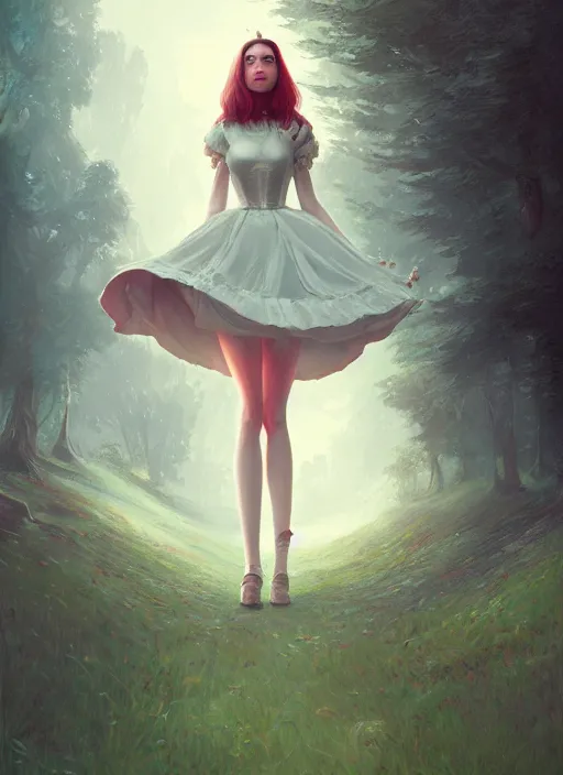 Image similar to alice wonderland detailed dress, half body shot, arms down, path traced, highly detailed, high quality, digital painting, alena aenami, arnold bocklin, tom bagshaw