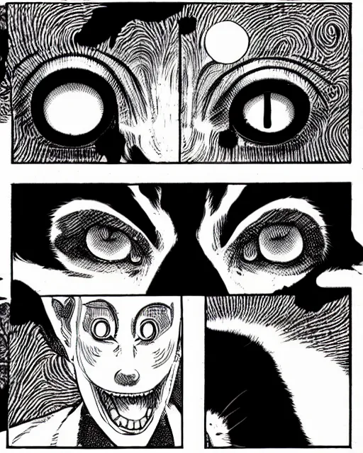 Prompt: three panels from junji ito's 'house in the style of a black cat', full width, action shot, first person, manga