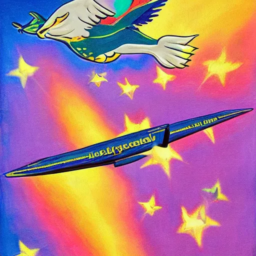 Prompt: robert mueller flying through the sky, art deco painting by lisa frank