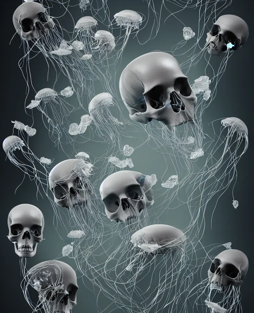 Prompt: composition of human skulls, animals skulls, bones, rib-cage. jellyfish orchids and betta fish, bioluminiscent, intricate artwork by Tooth Wu and wlop and beeple. octane render, trending on artstation, greg rutkowski very coherent symmetrical artwork. cinematic, hyper realism, high detail, octane render, 8k