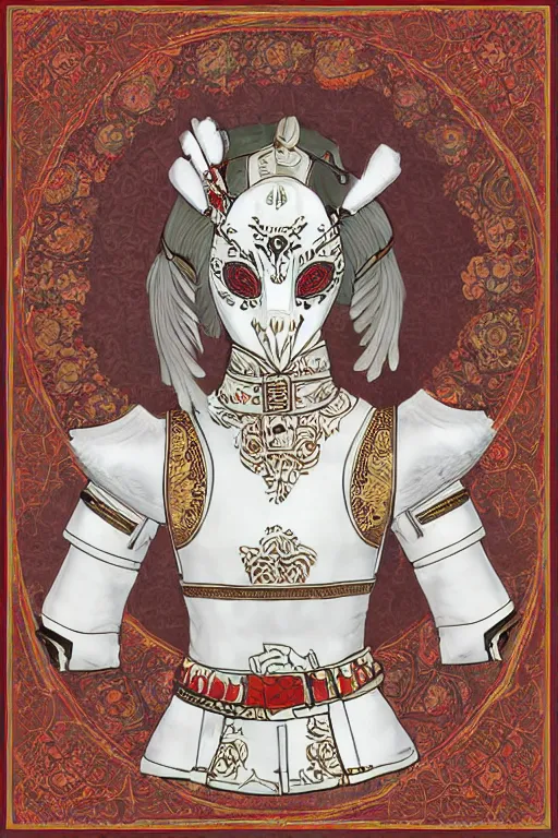 Prompt: female adventurer in tight full - body white embroidered leather armor of vyshyvanka design and a japanese - style white porcelain crow mask, trending in artstation, ukrainian, establishing shot