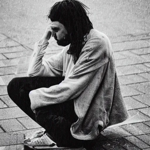 Prompt: black and white fashion photograph, highly detailed portrait of a depressed white drug dealer sitting on a busy street, looking into camera, eye contact, natural light, rain, mist, lomo, fashion photography, film grain, soft vignette, sigma 85mm f/1.4 1/10 sec shutter