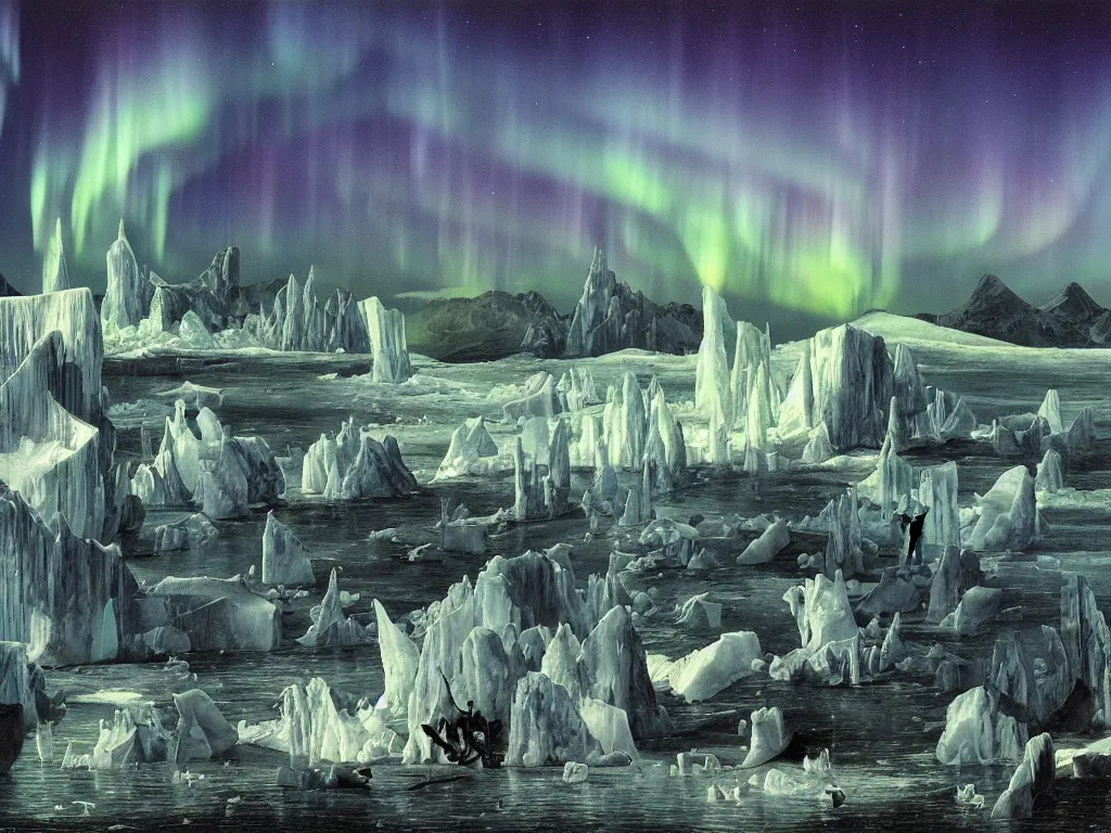 Prompt: Overflowing of the iceberg fungal city. Aurora Borealis. Painting by Walton Ford, Lucas Cranach, Caspar David Friedrich.