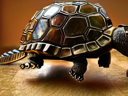 Image similar to a steampunk time traveling tortoise teleporting into the future