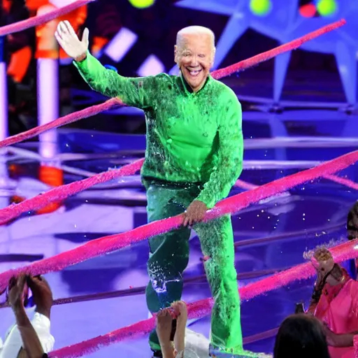 Prompt: joe biden getting slimed at the kids choice awards, dynamic, cinematic photo