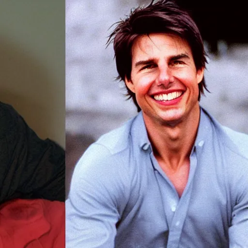 Image similar to a portrait photo of 25 year old tom cruise, with a happy expression, with bald hair