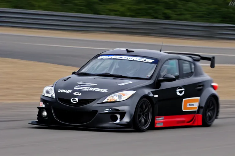 Image similar to black GT4 Mazdaspeed3 Gen 1 hatchback black plain livery simple, racing on highway photo 2008 cinematic motion blur dof LMP2 car