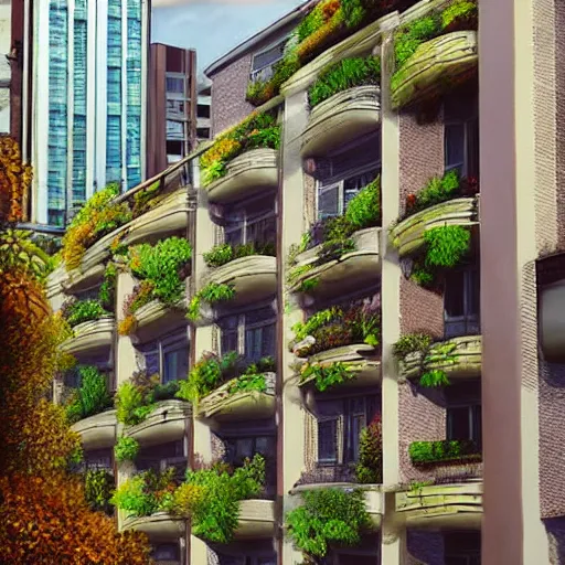 Image similar to Beautiful city of the future in harmony with nature. Plants on buildings. Nice colour scheme, soft warm colour. Beautiful detailed painting by Lurid. (2022)