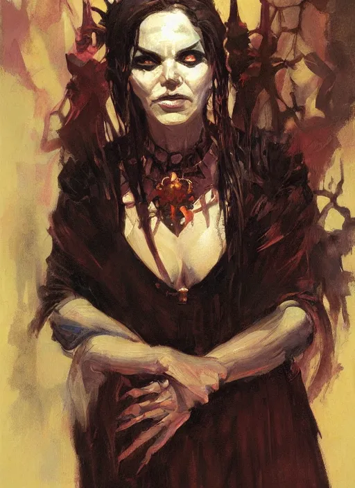 Prompt: a highly detailed beautiful portrait of an evil necromancer woman, fantasy, by gregory manchess, james gurney, james jean