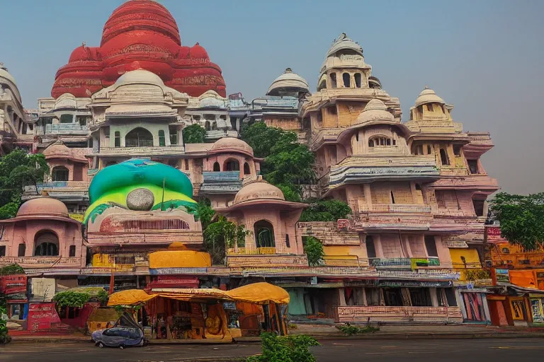 Image similar to high quality dreamscape! biomorphic new delhi, hanuman!! head building, kalighat, octane highly detailed, cinematic smooth, stephen shore & john j. park, soft morning light, wide shot, high angle, uhd 8 k, deep focus