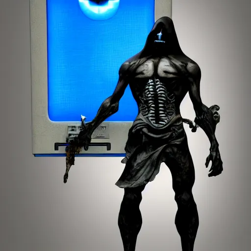 Image similar to a grim reaper with a crt television for a face. the television has a blue screen with white letters on it. by frank frazetta, simon bisley, brom, concept art, octane render, unreal engine 5, highly detailed, high quality, 8 k, soft lighting, realistic face, path traced