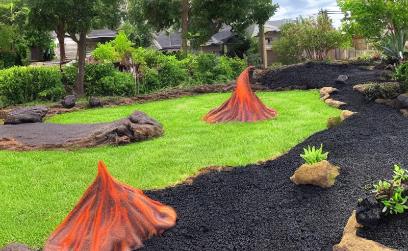 Image similar to suburban yard with miniature volcano erupting in the yard, ground level, lava shower, lava river