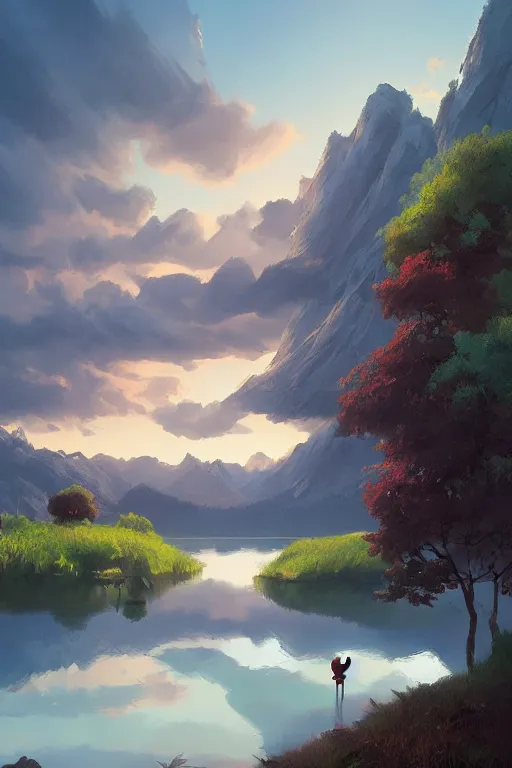 Image similar to beautiful matte painting by goro fujita concept art fantasy path mountains and meadow in the background near a lake reflecting the trees, atmospheric lighting, painted, intricate, volumetric lighting, beautiful, rich deep colors masterpiece, sharp focus, ultra detailed by