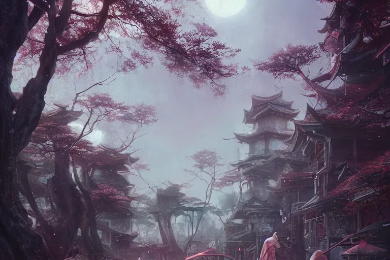 Image similar to hidden feudal japanese city, metropolis, magical, dramatic lighting, painted by tom bagshaw, James Jean and Wayne Barlowe and moebius, high details , cinematic, denoised, octane render, lush forest, cgsociety, artstation trending 8k