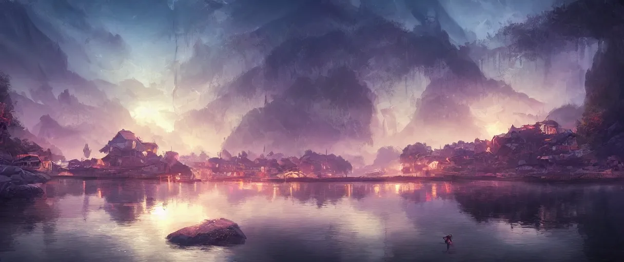 Prompt: small fishing village around a lake, concept art, digital painting, style of jordan grimmer, warm lighting, futuristic, volumetric lighting, view from below, vivid colours, bright, daytime, godrays, high detail