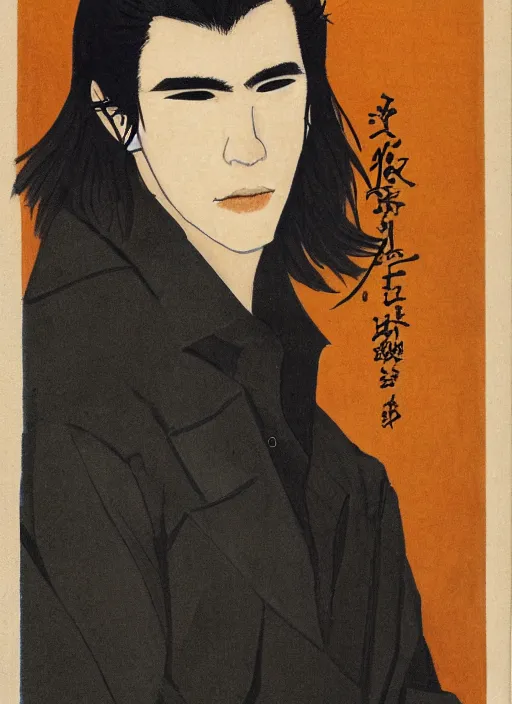 Prompt: portrait by yoji shinakawa, handsome male vampire, focus on face, pretty, long black hair, dark blue shirt, light brown coat