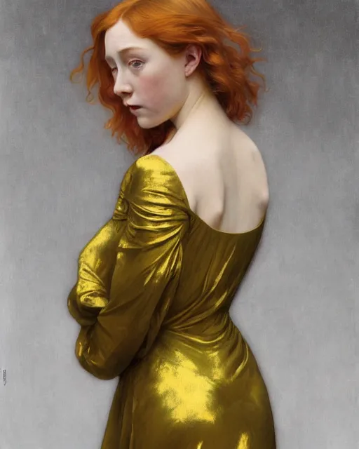 Prompt: realistic art nouveau oil painting of redheaded young saoirse ronan or redheaded millie bobby brown wearing a reflective gold dress, highly detailed, intricate, elegant, digital painting, smooth, sharp focus, illustration, ultra realistic, 8 k, by bouguereau, alphonse mucha, artgerm, and donato giancola
