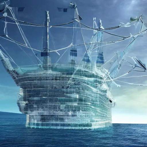 Prompt: a giant ship made of clear glass drifting in the ocean science fiction