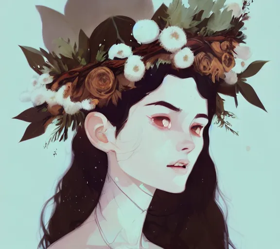 Image similar to portrait of forest godess with flower crown, by atey ghailan, by greg rutkowski, by greg tocchini, by james gilleard, by joe fenton, by kaethe butcher, by ashley wood, dynamic lighting, gradient light blue, brown, blonde cream and white color scheme, grunge aesthetic