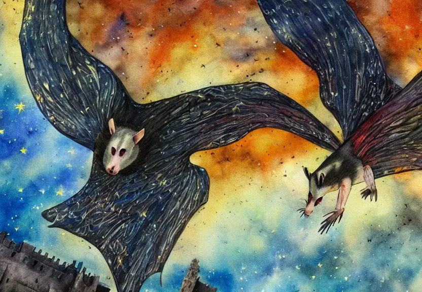 Image similar to legendary colorful winged possum flying over a medieval castle under a dark starred sky, dark fantasy, watercolor, dreaming illusion, highly detailed, 4k, trending on Artstation, award-winning