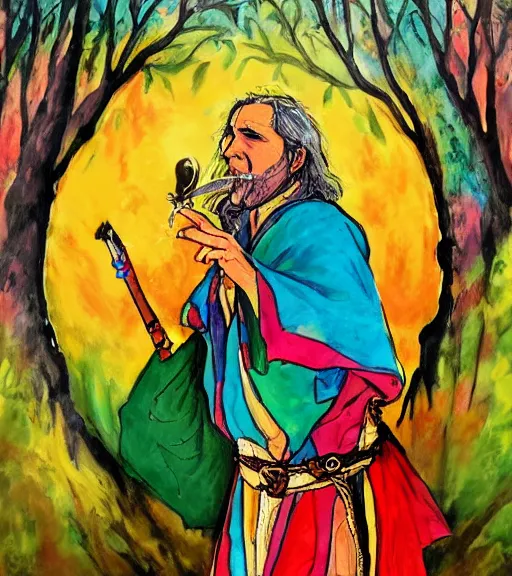 Image similar to Painting in a style of Lord of the rings of a shaman dressed in a colorful traditional clothes. He is smoking a pipe