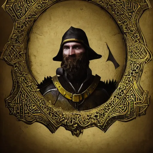 Prompt: Closeup of frustrated and acerbic male medieval sergeant with a {short} beard wearing a {black and yellow tabard} over a steel breastplate and a black gambeson looking up from a map on a table, intricate, dramatic lighting illustration by Greg Rutkowski, {perfect face}, {perfect eyes}, fantasy