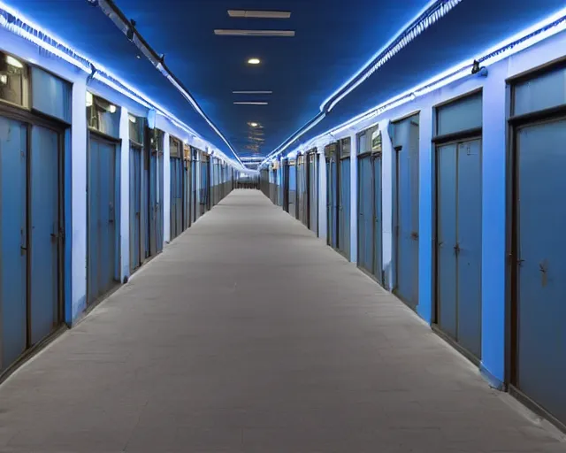 Prompt: a school corridor at night, night time, after hours, low light, blue, color